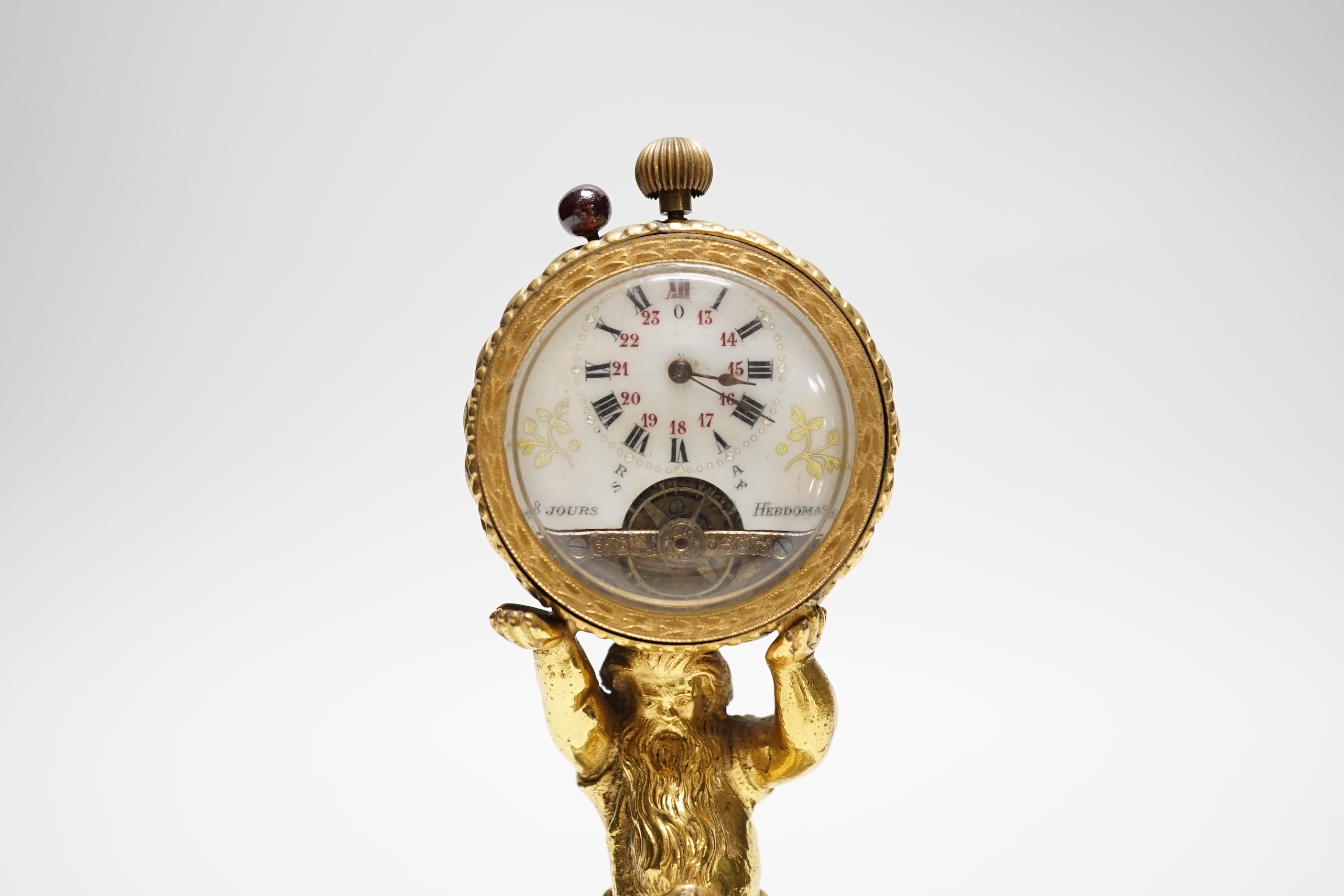 A late 19th century Palais Royal ‘Atlas’ ormolu eight day timepiece, Spiral Breguet movement, 17cm